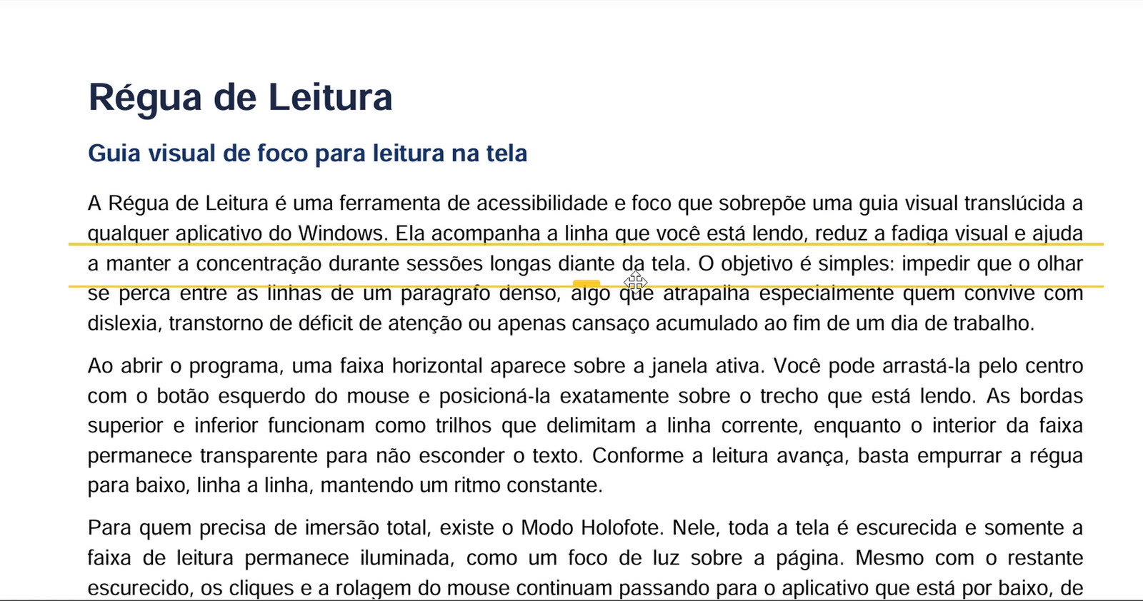 A régua amarela translúcida posicionada sobre uma linha de um documento PDF no Windows, destacando o texto que está sendo lido.